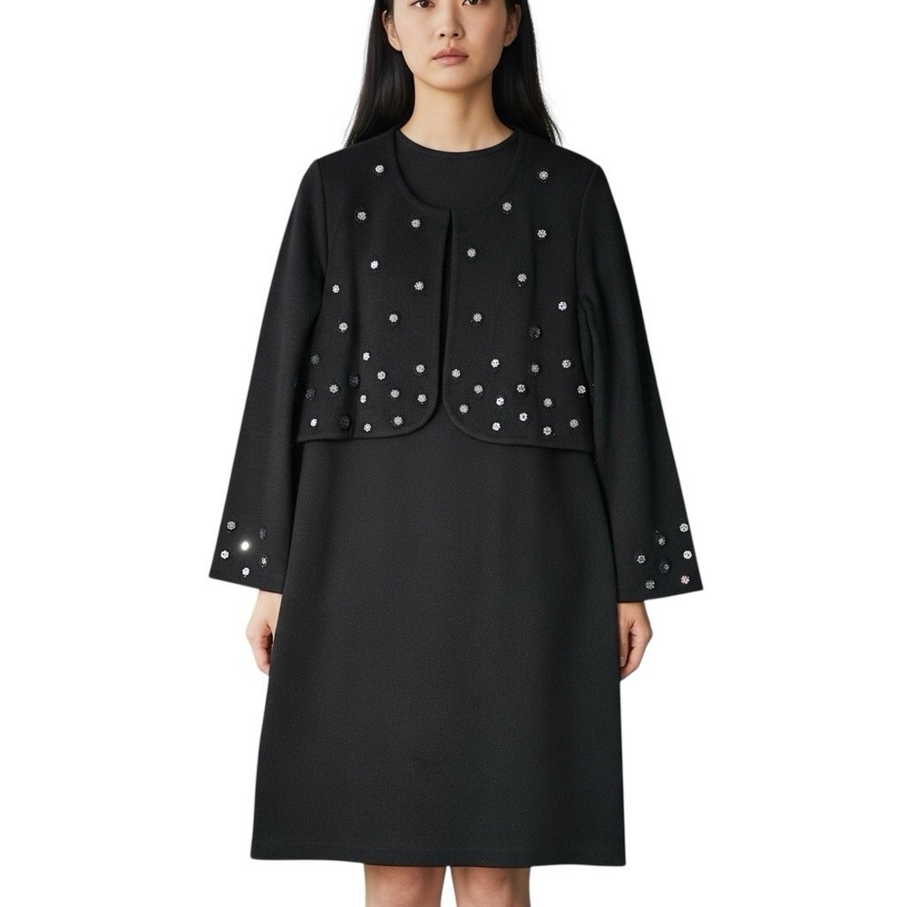 Nina Leonard Petite Large Black Sweater Dress Attached Jacket Mirror Detail